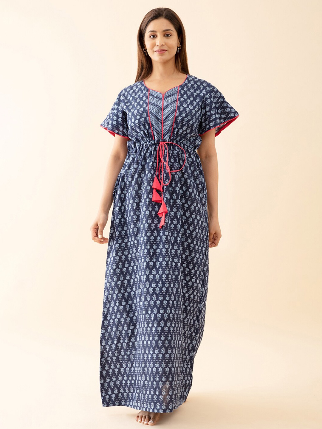 

Maybell Ethnic Motifs Printed Pure Cotton Maxi Nightdress, Blue