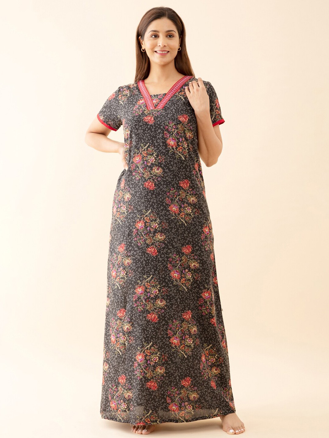 

Maybell Printed Pure Cotton Maxi Nightdress, Black