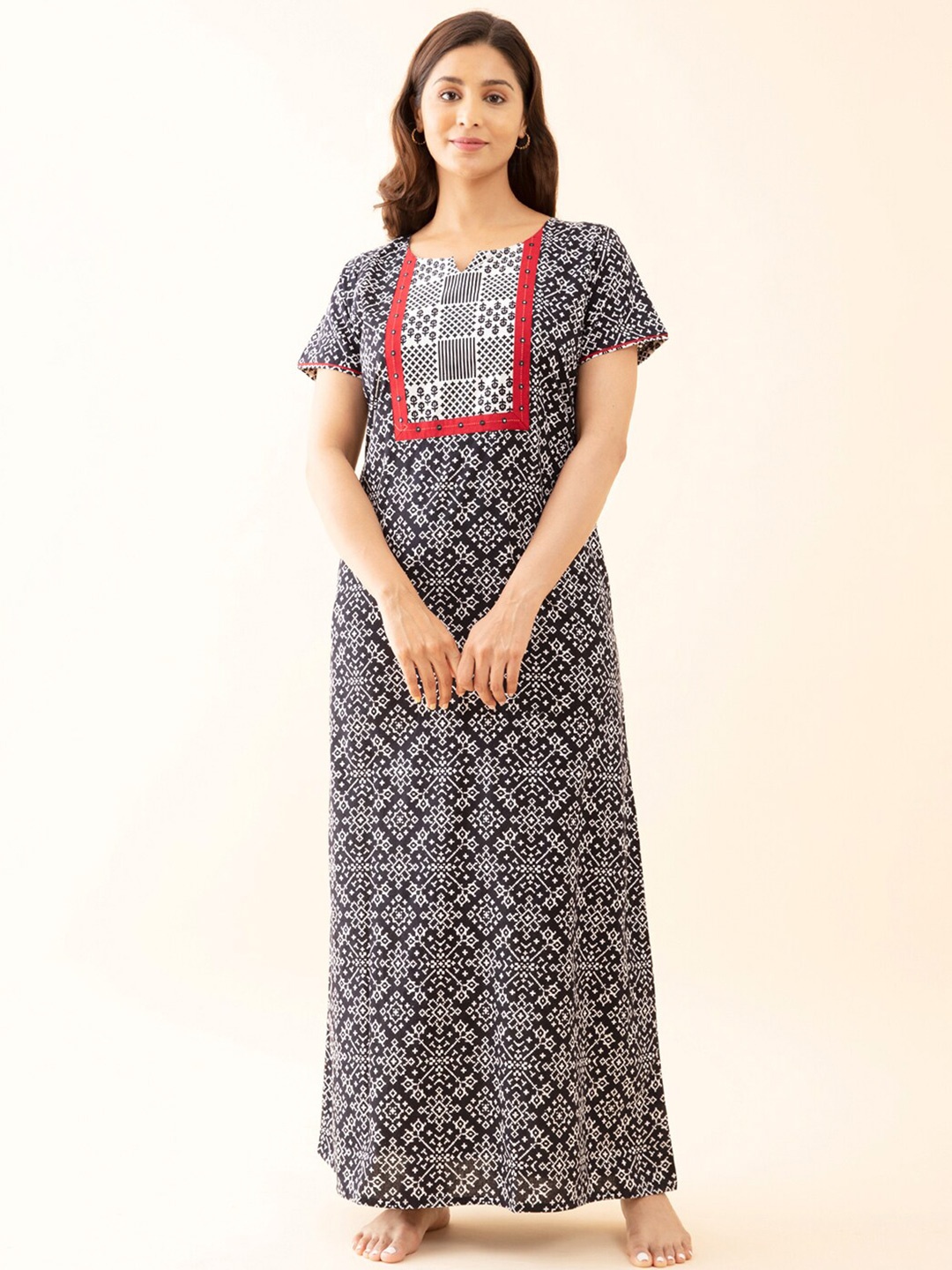 

Maybell Ethnic Motifs Printed Pure Cotton Maxi Nightdress, Black
