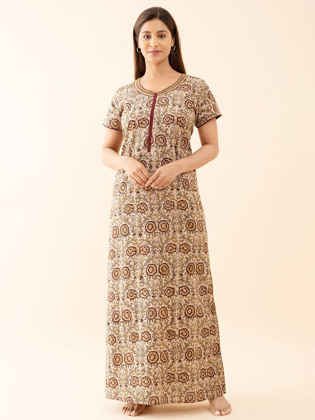 

Maybell Floral Printed Pure Cotton Maxi Nightdress, Maroon