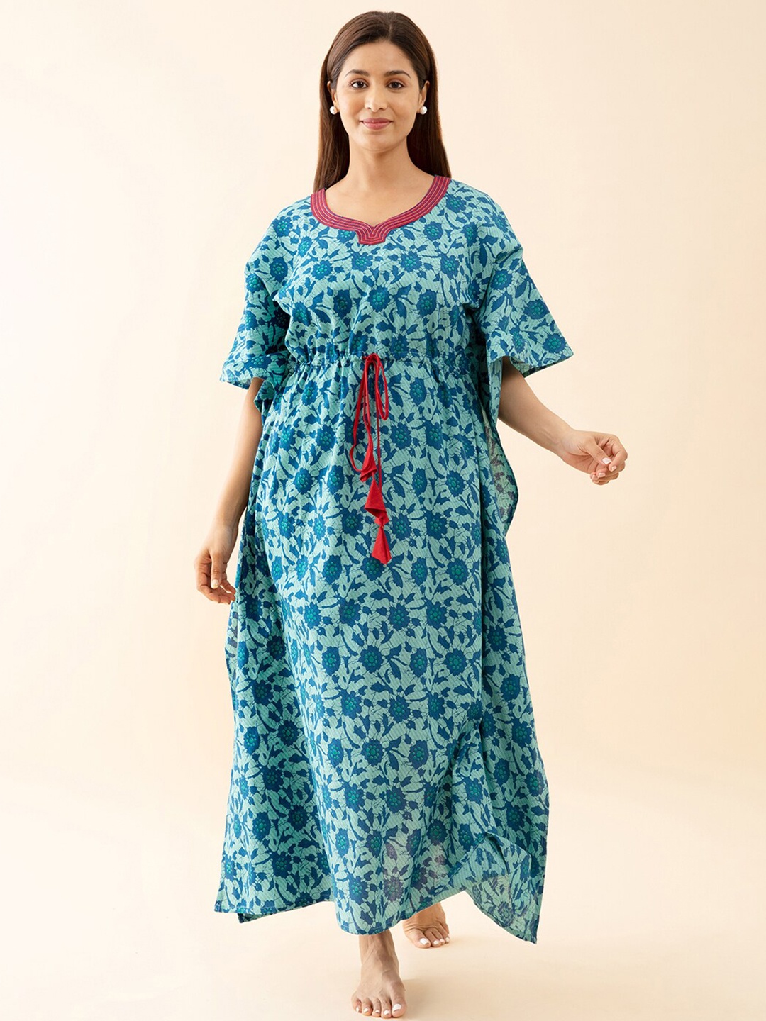 

Maybell Floral Printed Pure Cotton Maxi Kaftan Nightdress, Blue