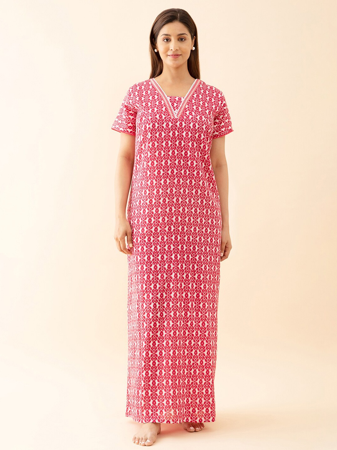 

Maybell Ethnic Motifs Printed Pure Cotton Maxi Nightdress, Pink