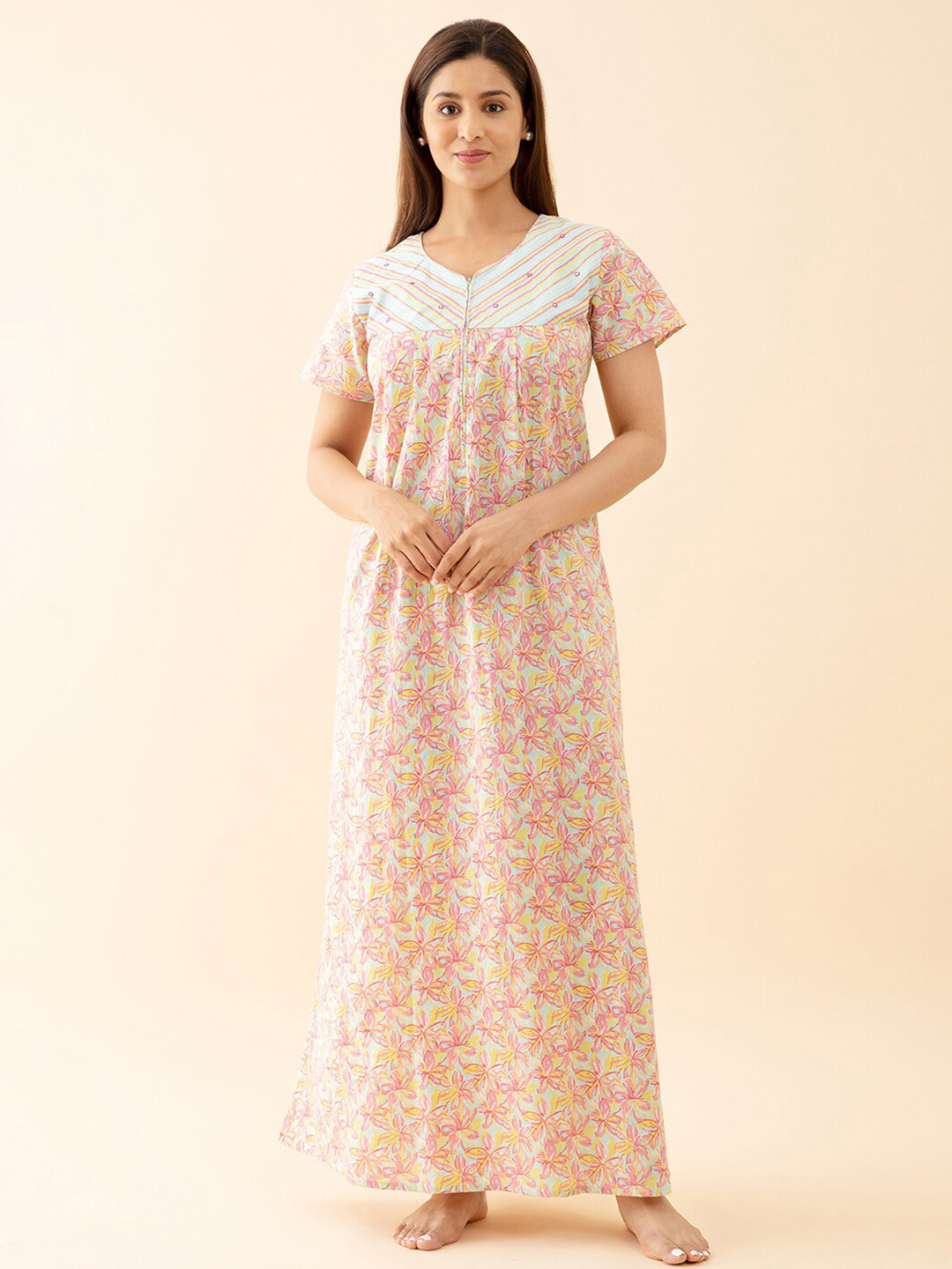 

Maybell Printed V-Neck Pure Cotton Maxi Nightdress, Blue