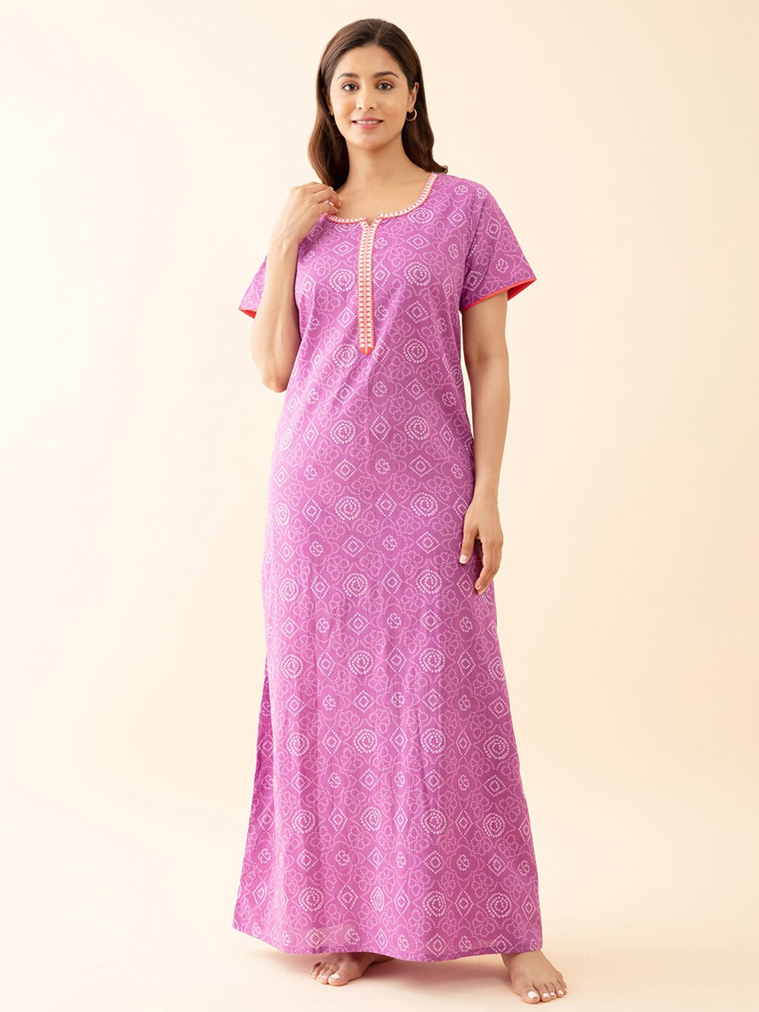 

Maybell Ethnic Motifs Printed Pure Cotton Maxi Nightdress, Purple