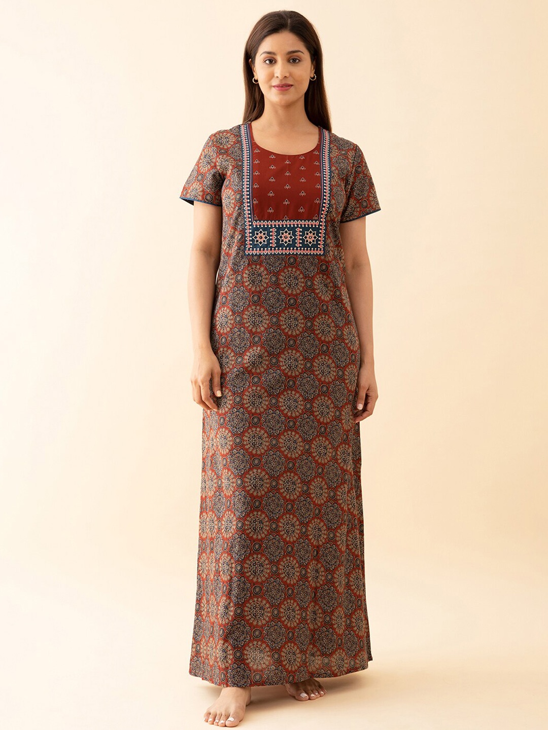

Maybell Ethnic Motifs Printed Pure Cotton Maxi Nightdress, Red