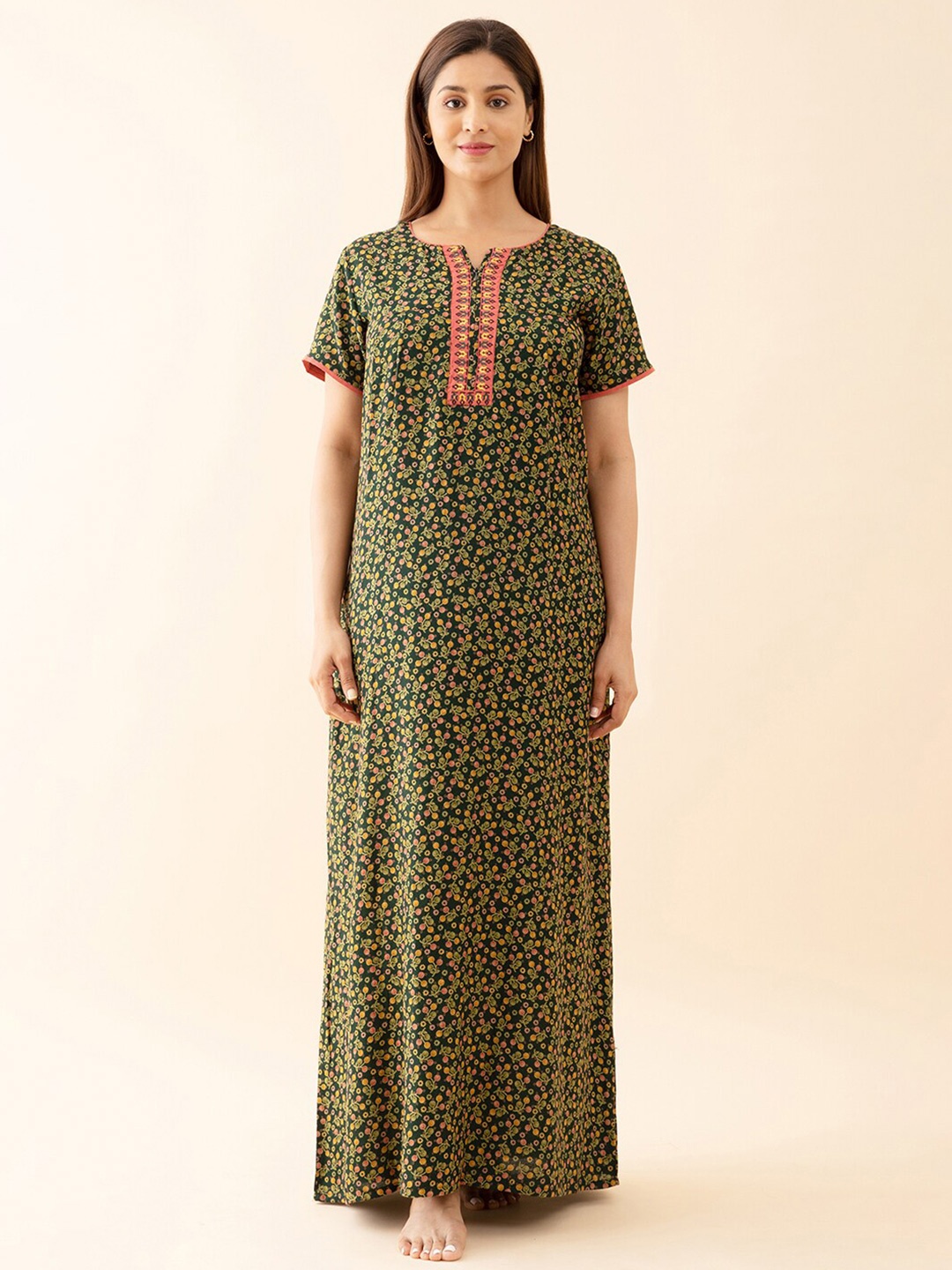 

Maybell Floral Printed Pure Cotton Maxi Nightdress, Green