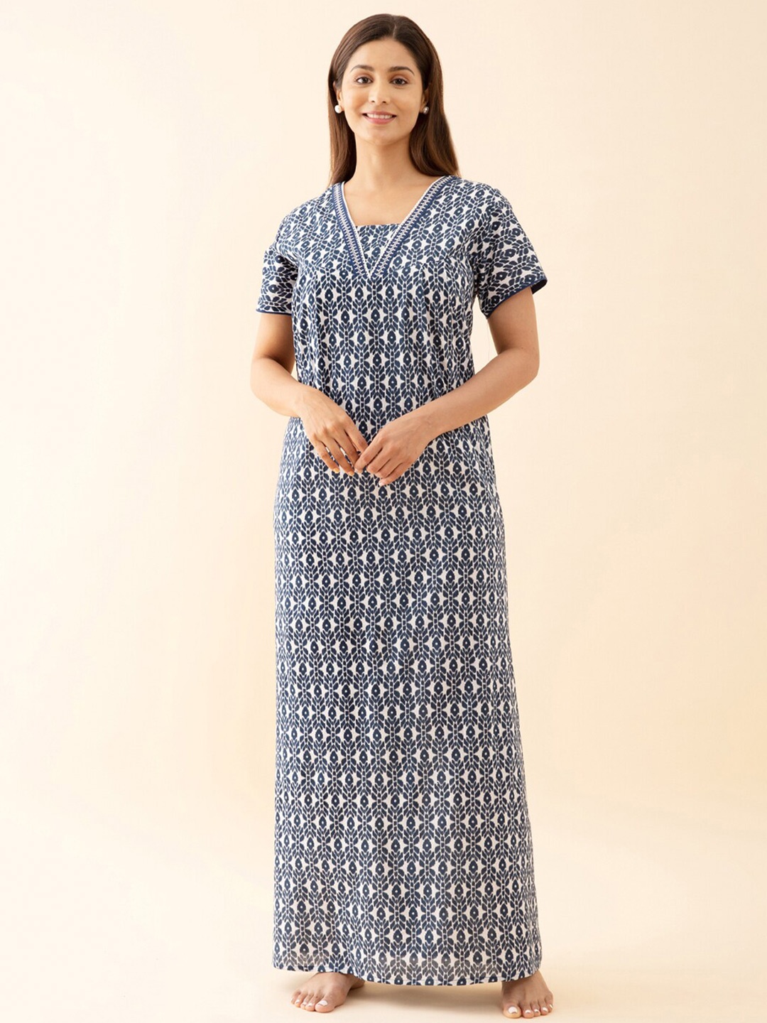 

Maybell Ethnic Motifs Printed Pure Cotton Maxi Nightdress, Blue