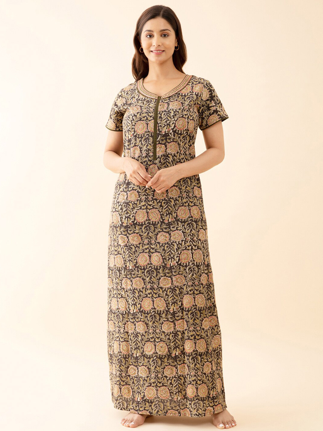 

Maybell Floral Printed Pure Cotton Maxi Nightdress, Green