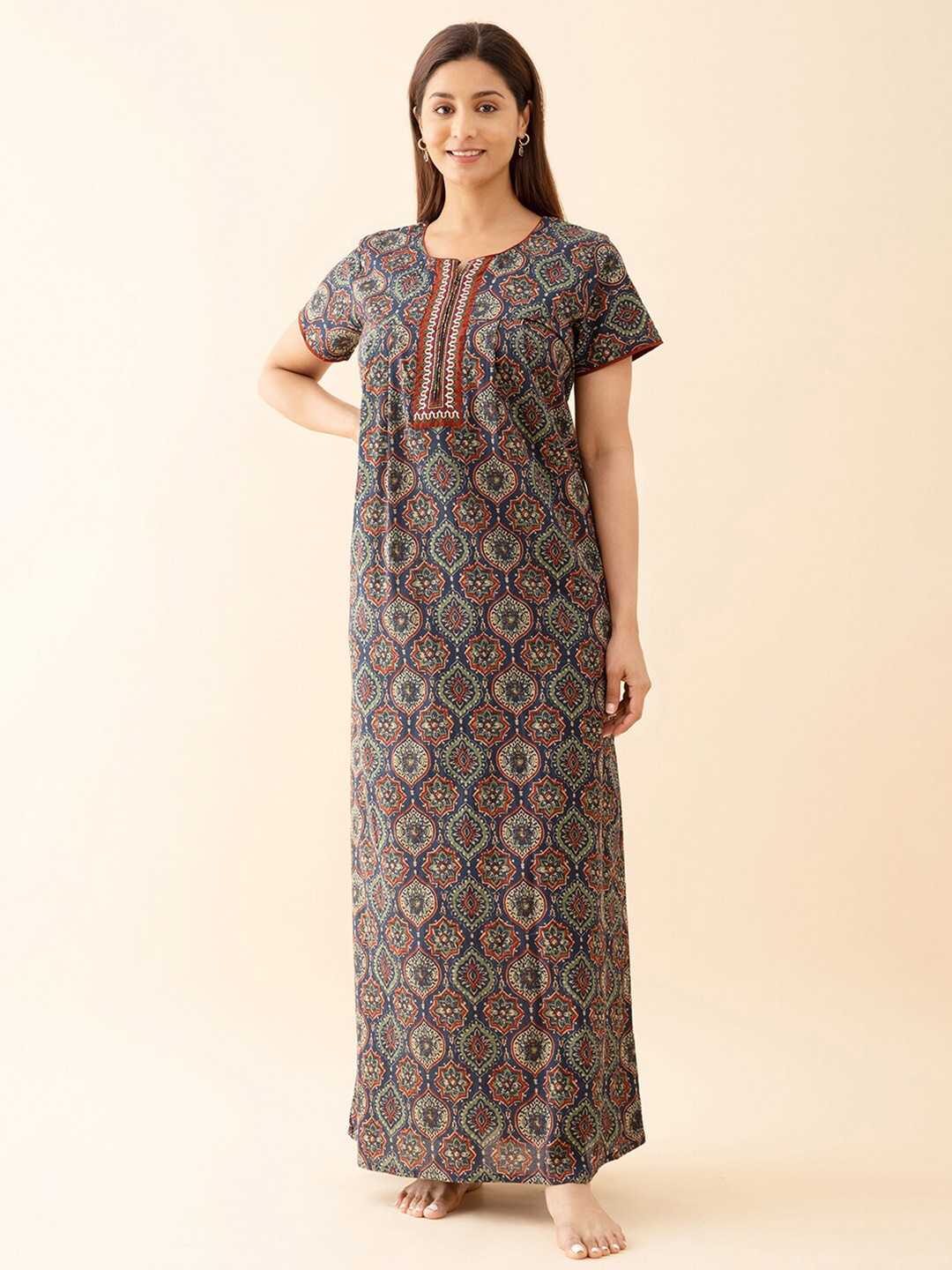 

Maybell Ethnic Motifs Printed Pure Cotton Maxi Nightdress, Navy blue