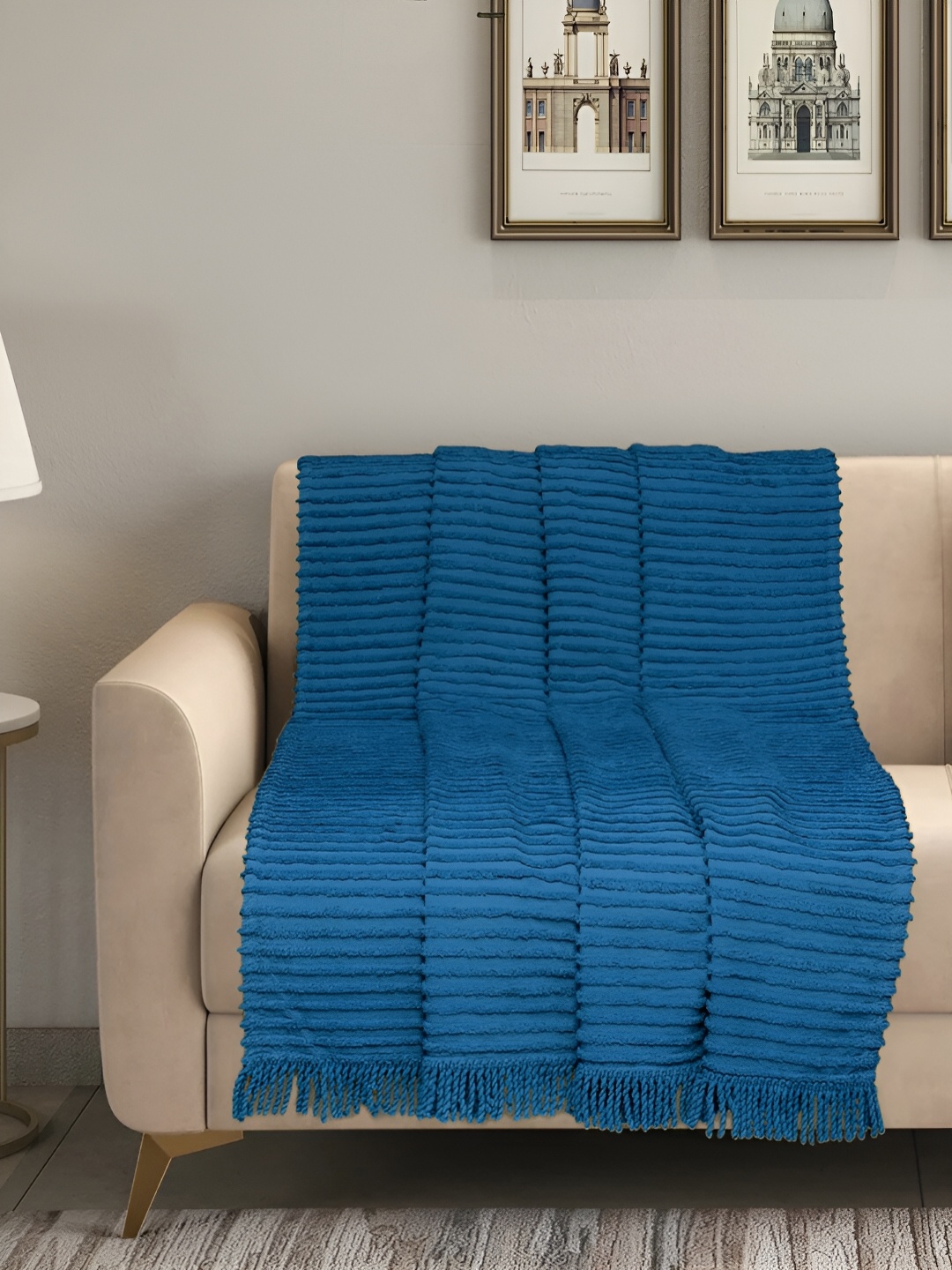 

Saral Home Blue Striped Self-Design Cotton Sofa Throw