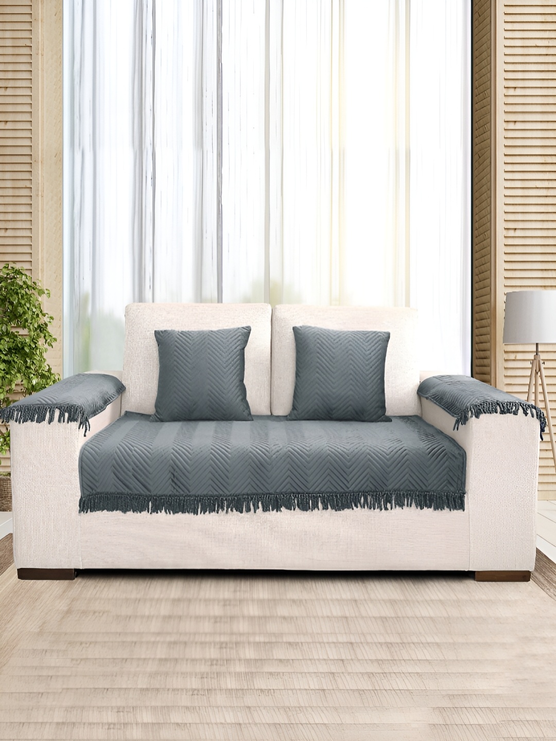 

Saral Home Grey Striped Velvet 5 Piece Sofa Cover With Arms