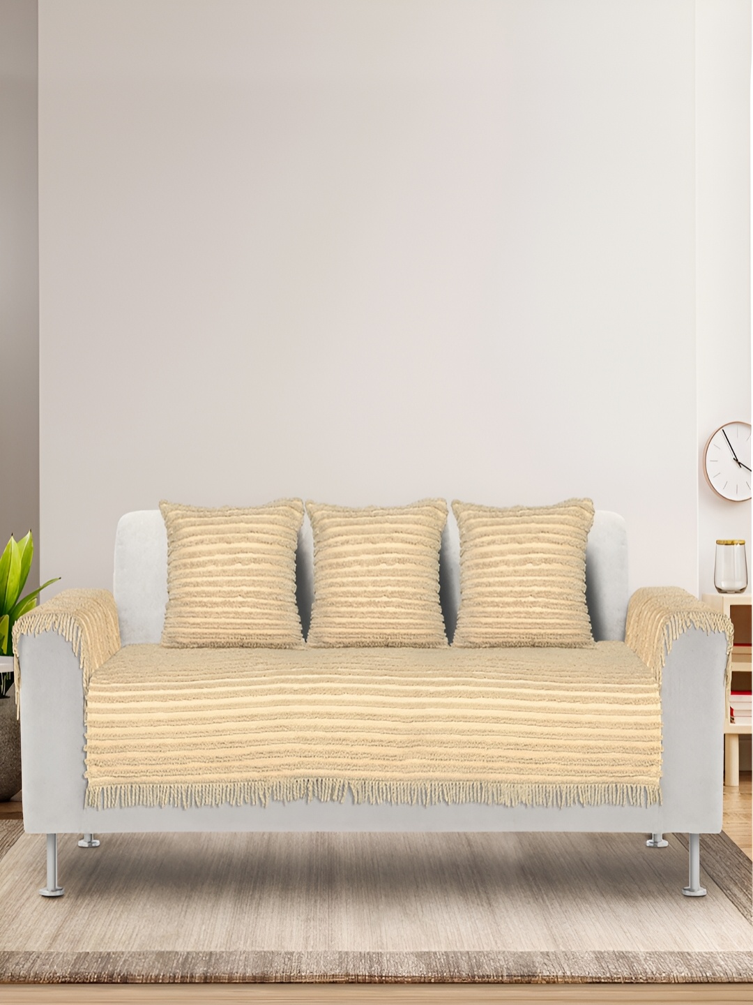

Saral Home Beige Striped 6 Pieces Velvet Sofa Cover With Arms