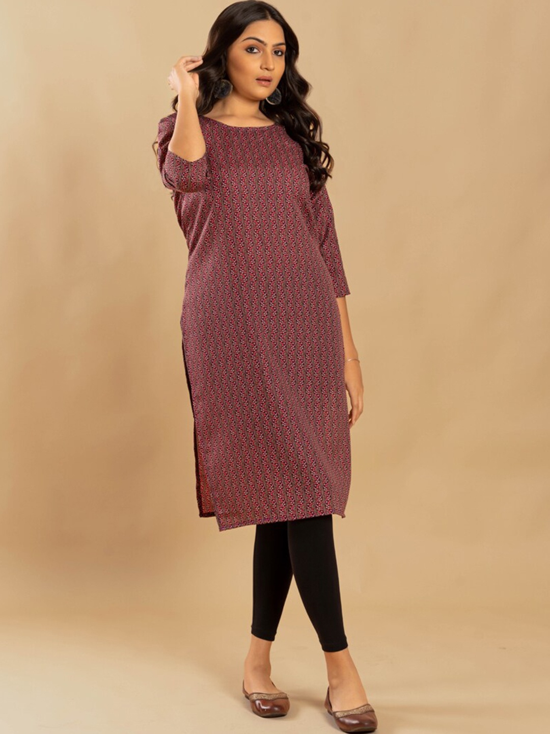 

ASISA Floral Printed Round Neck Regular Straight Crepe Kurta, Purple