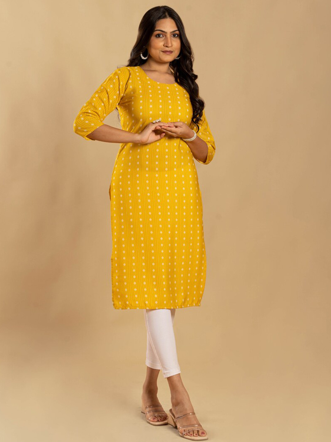 

ASISA Ethnic Motifs Printed Round Neck Straight Kurta, Yellow