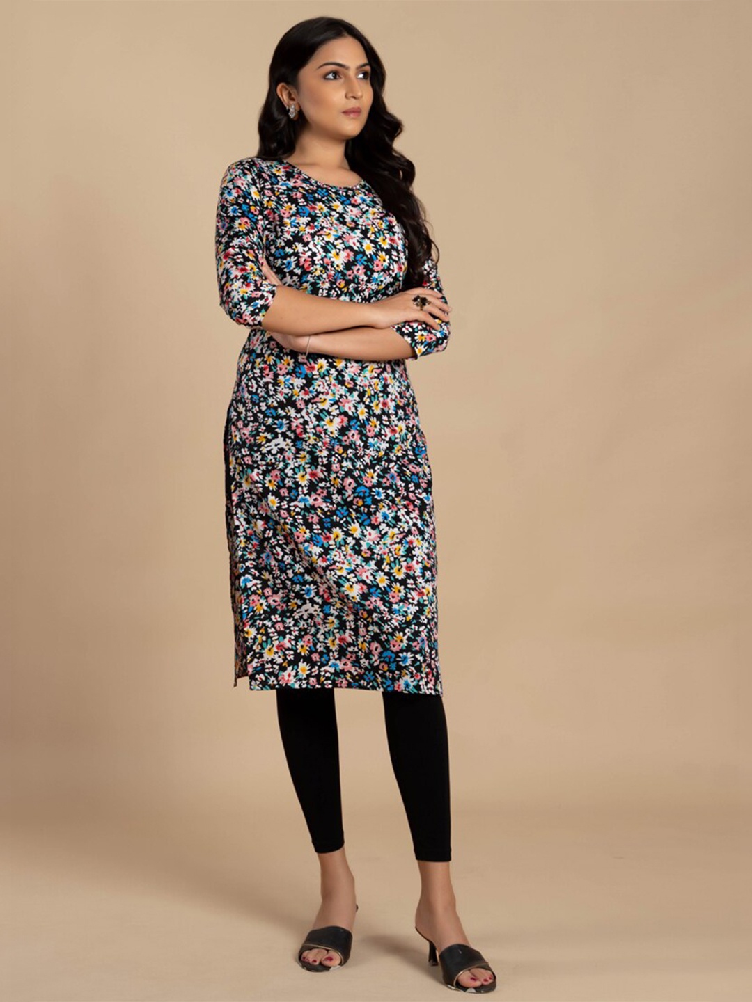 

ASISA Floral Printed Round Neck Straight Kurta, Blue