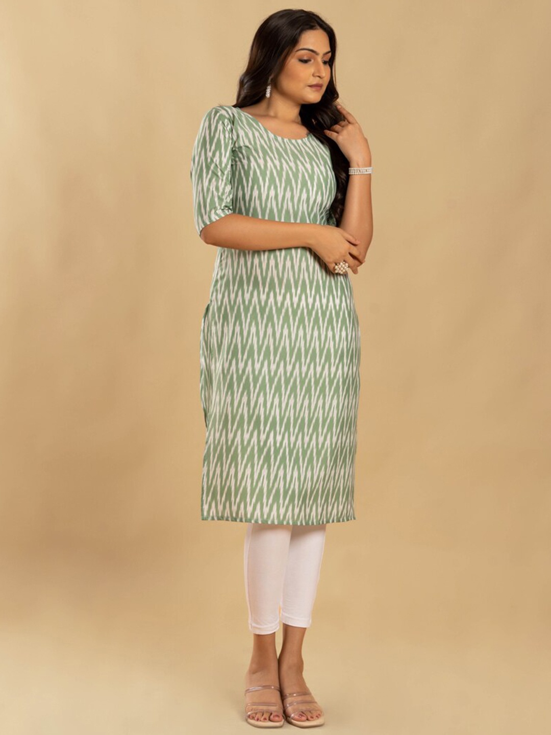 

ASISA Printed Round Neck Regular Straight Crepe Kurta, Sea green
