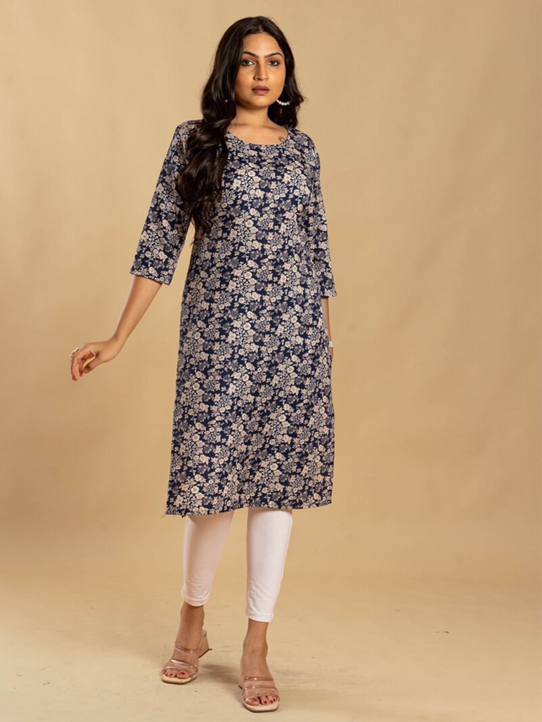 

ASISA Floral Printed Three-Quarter Sleeves Crepe Straight Kurta, Navy blue
