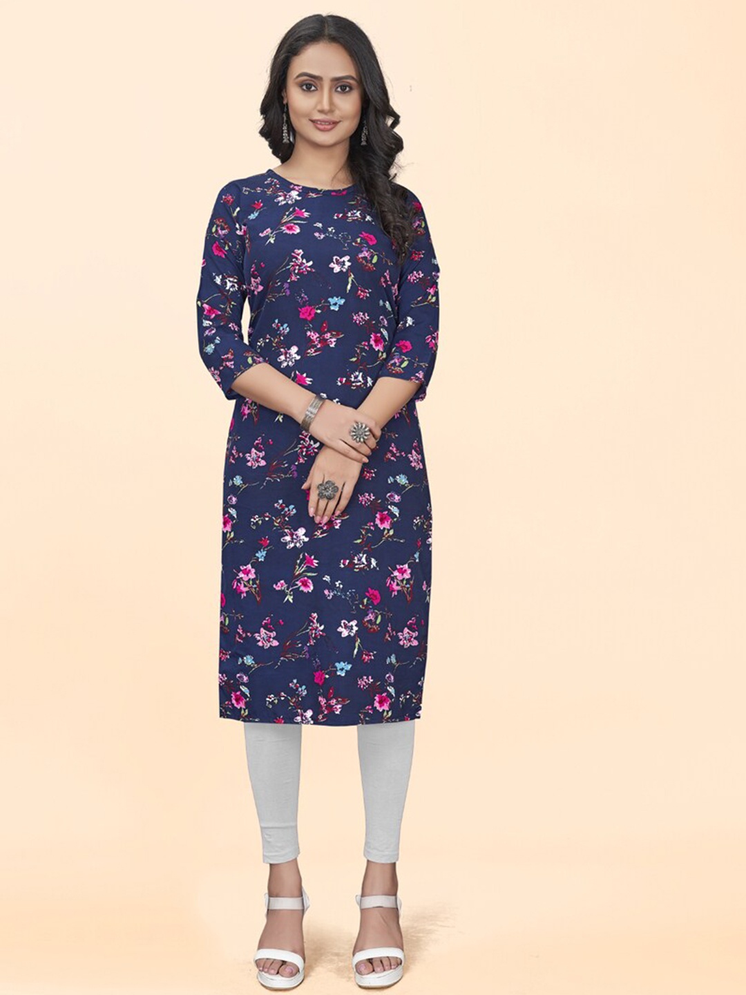 

ASISA Floral Printed Round Neck Straight Kurta, Navy blue