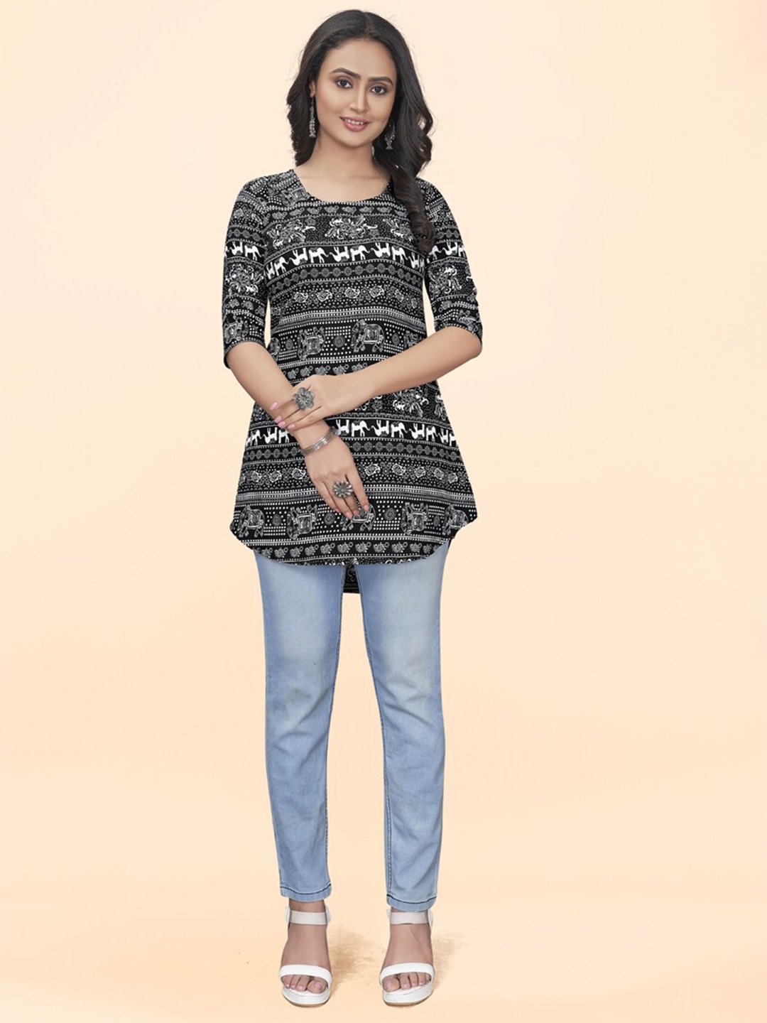 

ASISA Ethnic Motifs Printed A-Line Kurti, Black