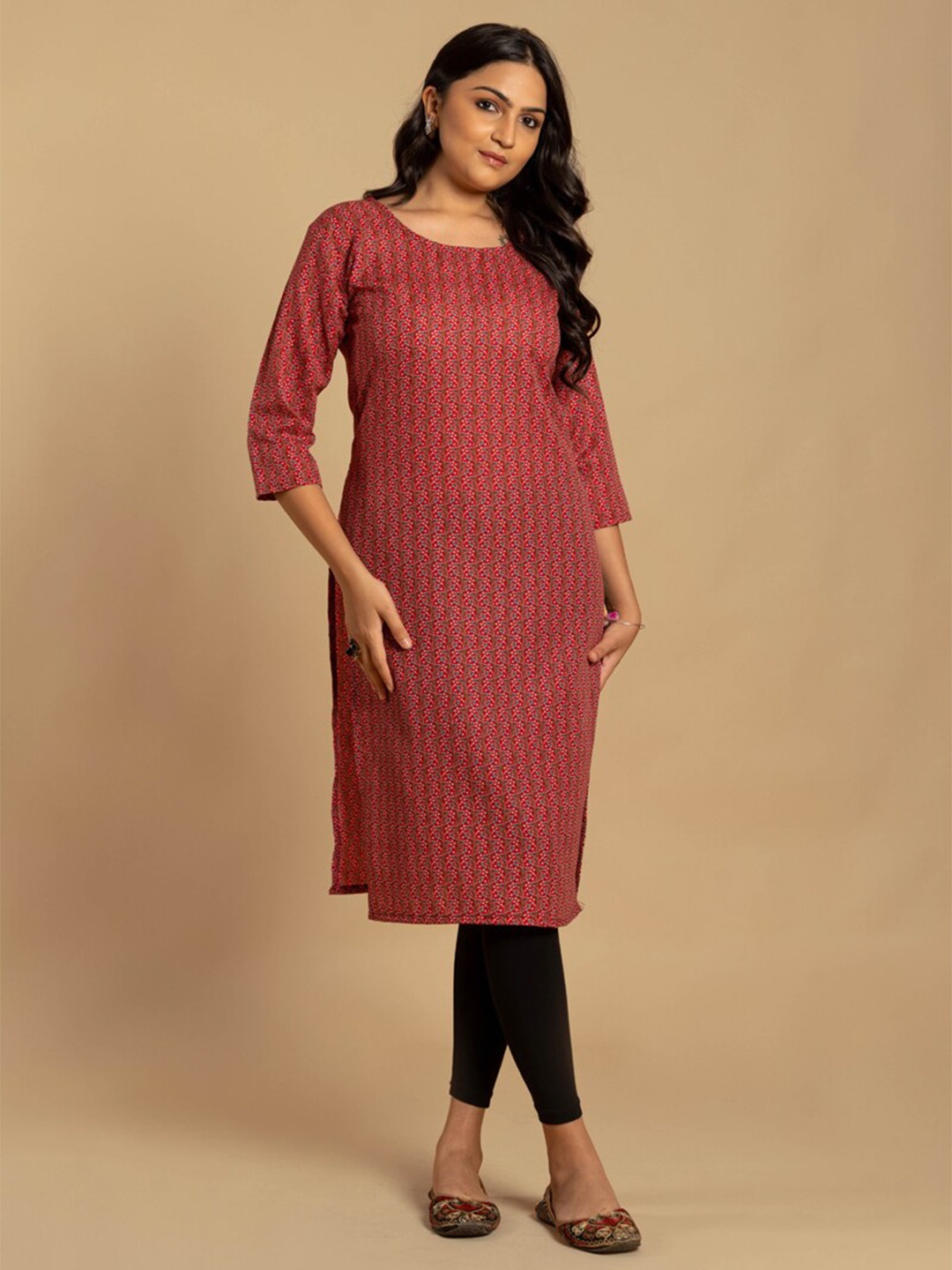 

ASISA Floral Printed Round Neck Straight Kurta, Maroon
