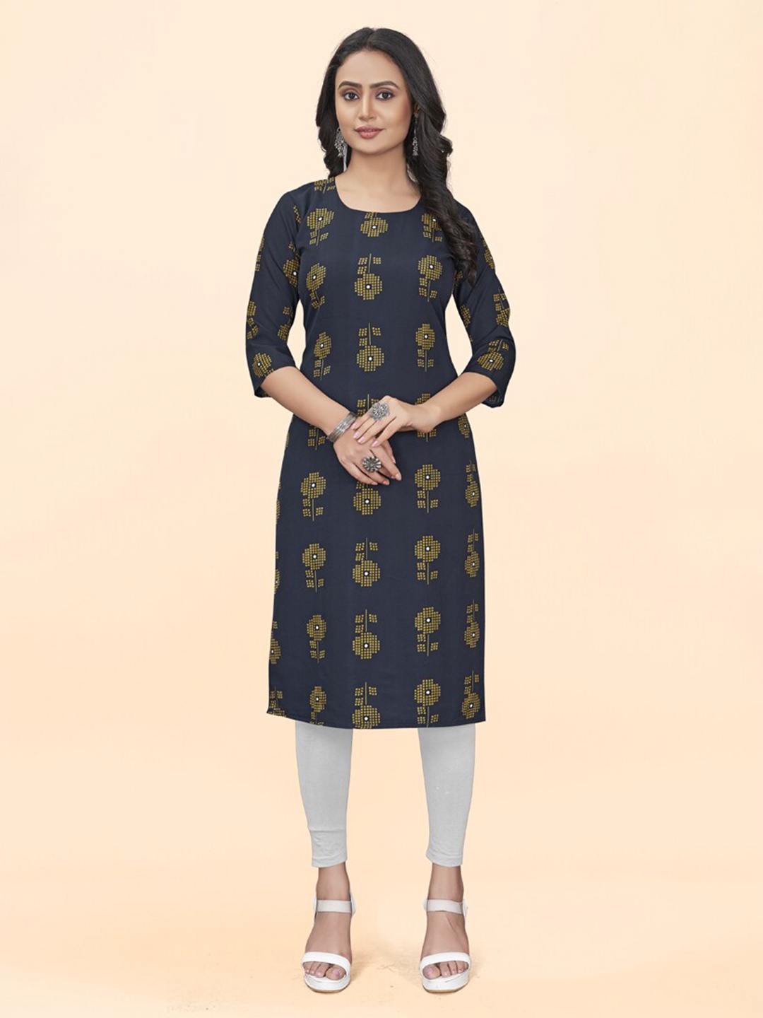 

ASISA Ethnic Motifs Printed Straight Crepe Kurta, Navy blue