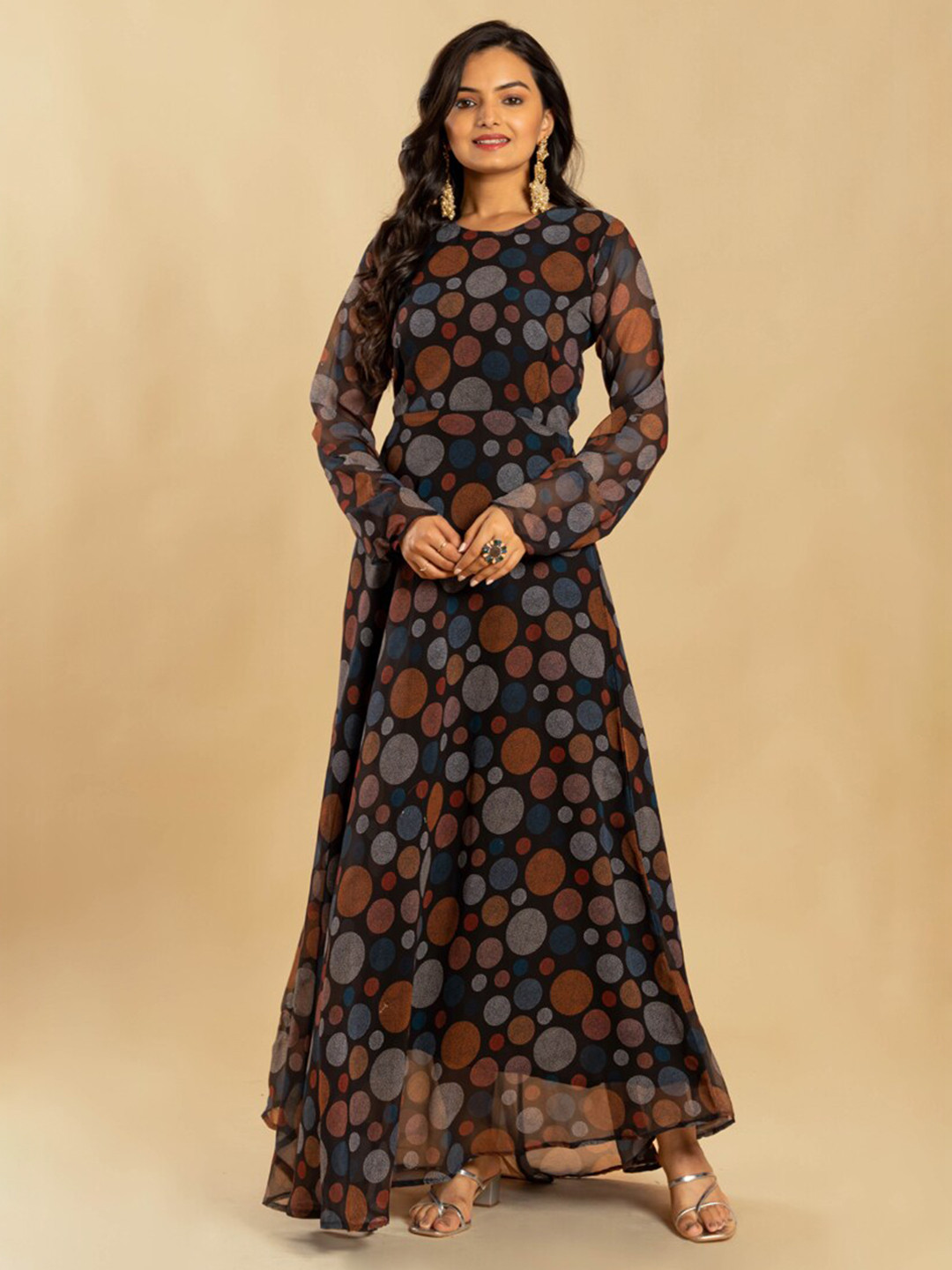 

ASISA Geometric Printed Round Neck Long Sleeves Georgette Fit & Flare Maxi Ethnic Dress, Black
