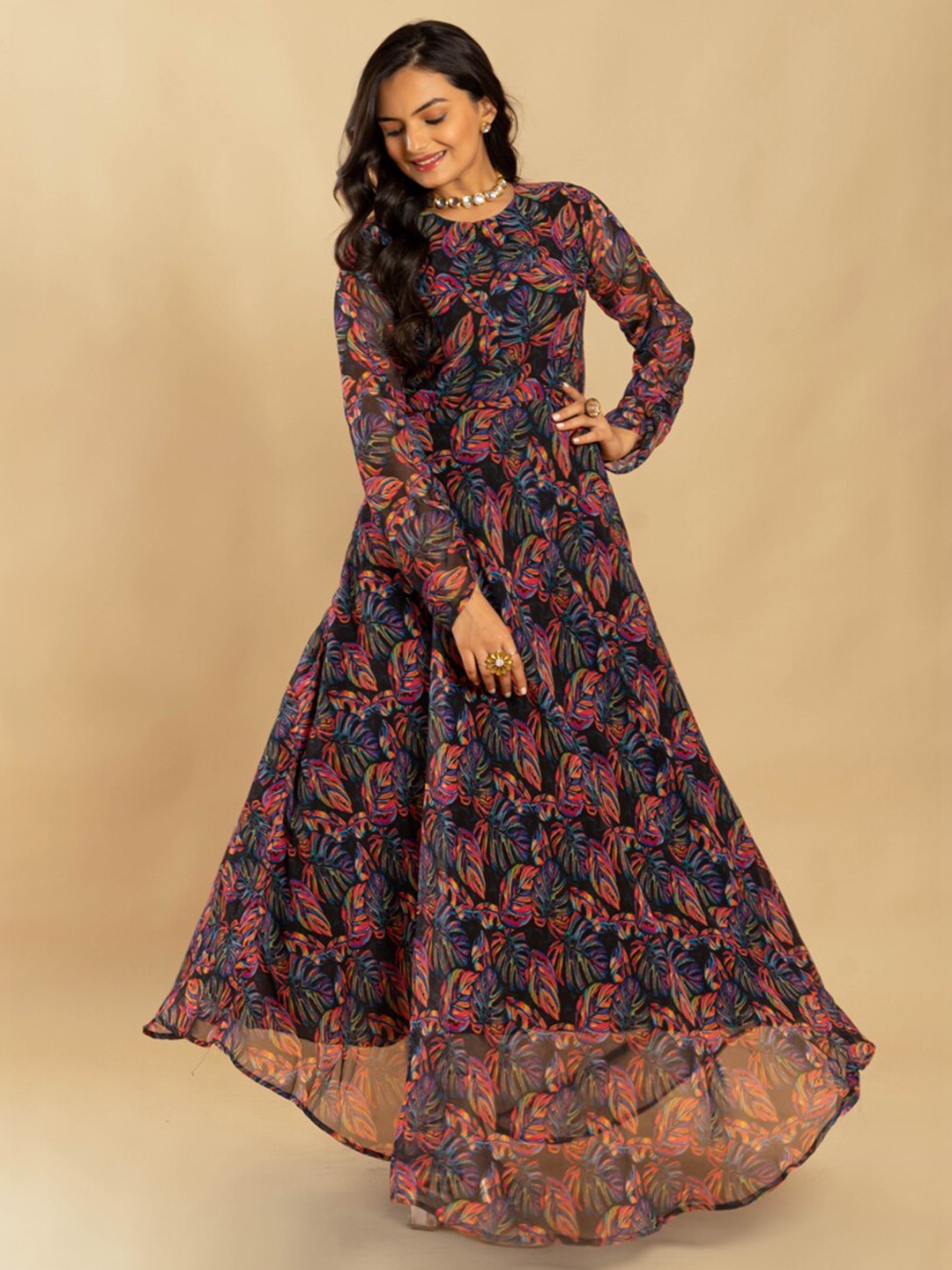 

ASISA Floral Printed Round Neck Long Sleeves Georgette Fit & Flare Maxi Ethnic Dress, Black
