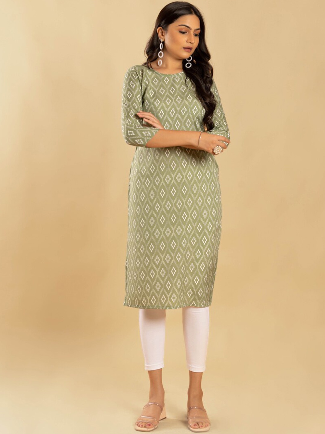 

ASISA Geometric Printed Round Neck Regular Straight Crepe Kurta, Sea green