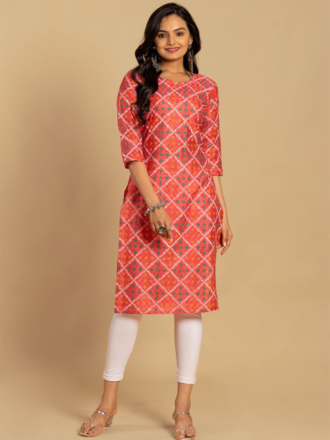 

ASISA Bandhani Printed Notch Neck Regular Sleeves Straight Kurta, Peach