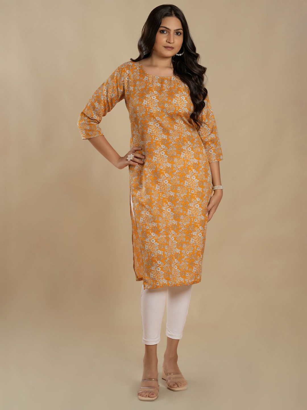 

ASISA Floral Printed Regular Straight Crepe Kurta, Mustard