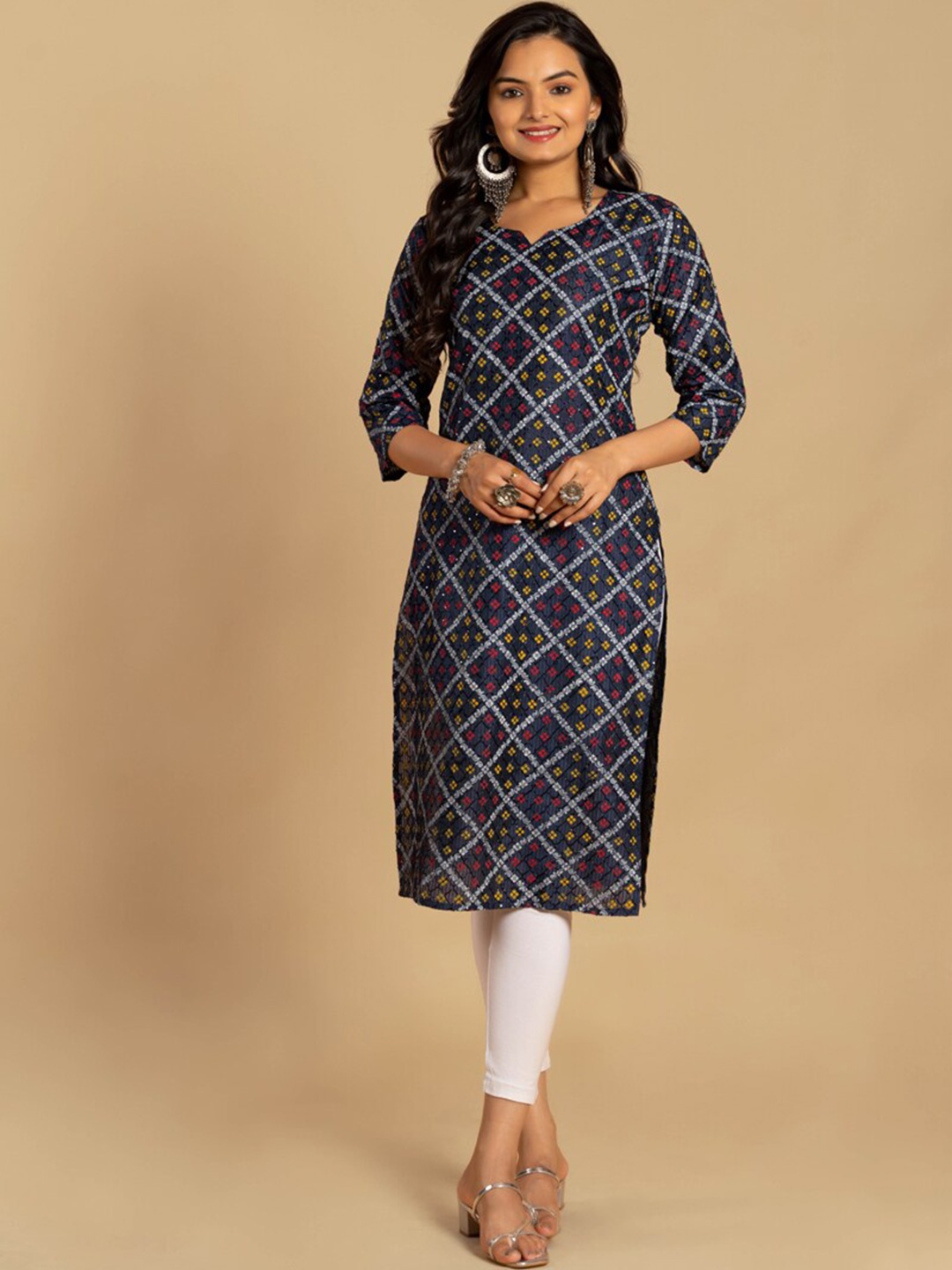 

ASISA Bandhani Printed Chanderi Cotton Straight Kurta, Navy blue