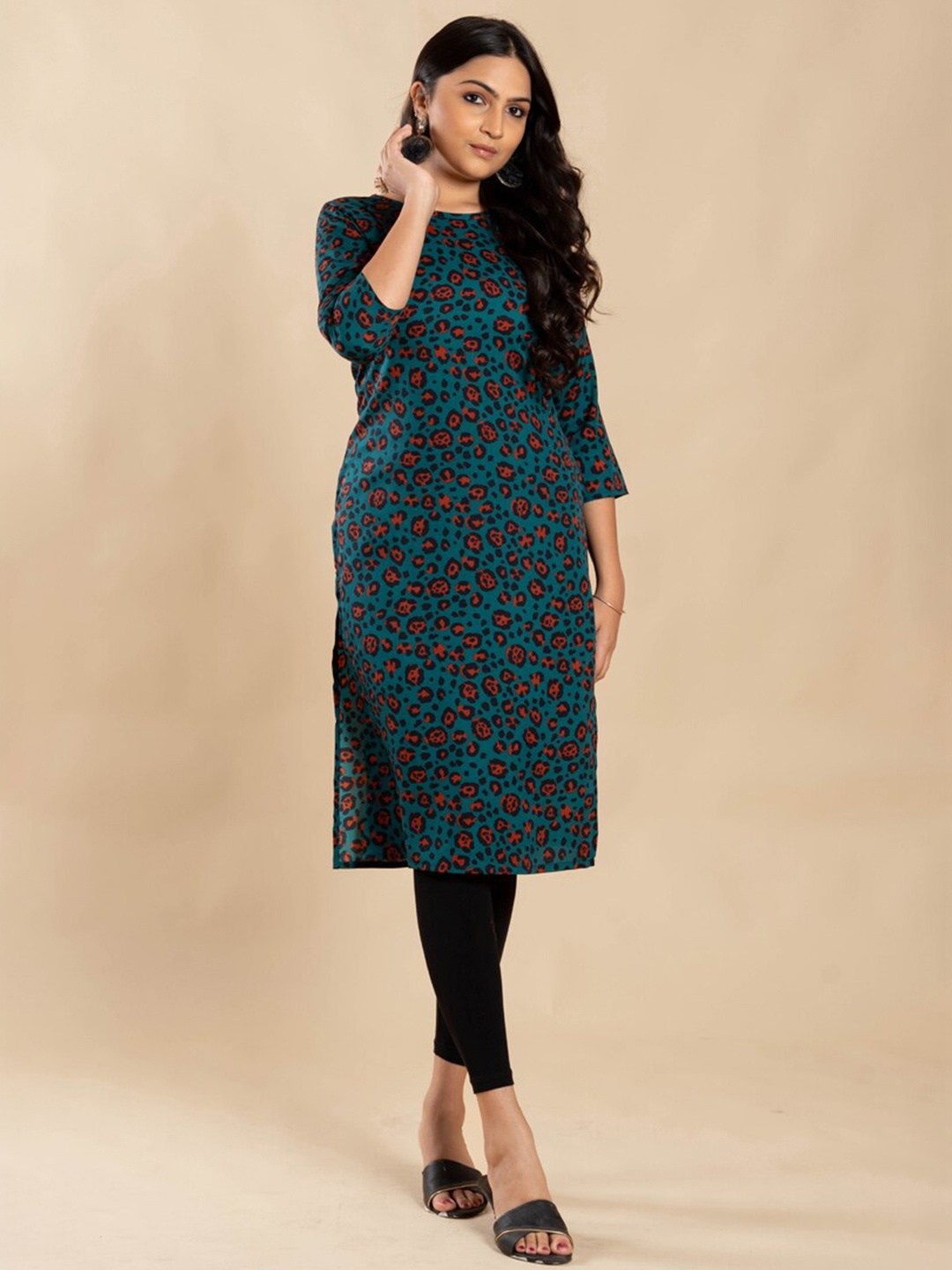 

ASISA Floral Printed Round Neck Regular Straight Crepe Kurta, Teal