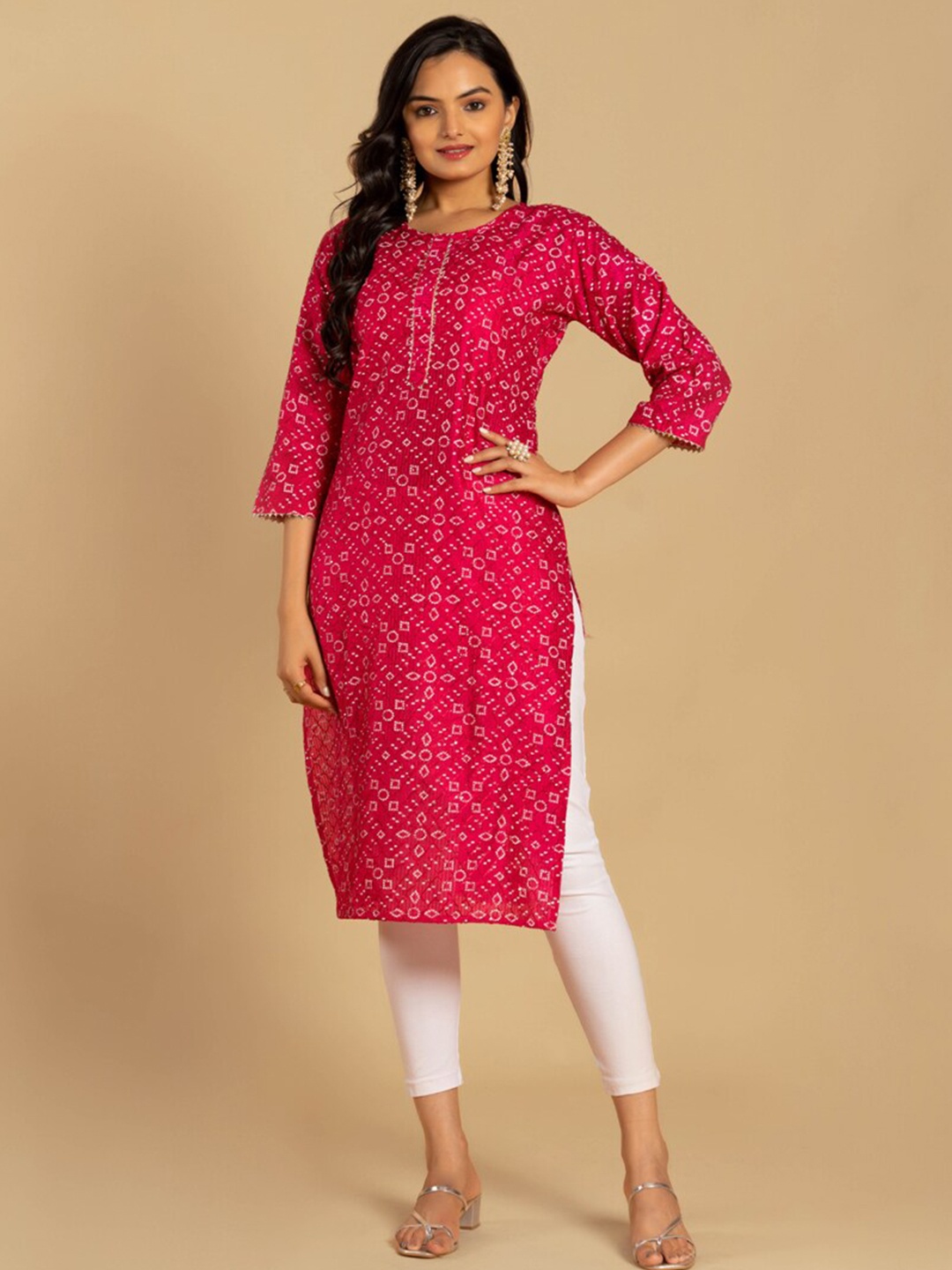 

ASISA Bandhani Printed Round Neck Straight Kurta, Magenta