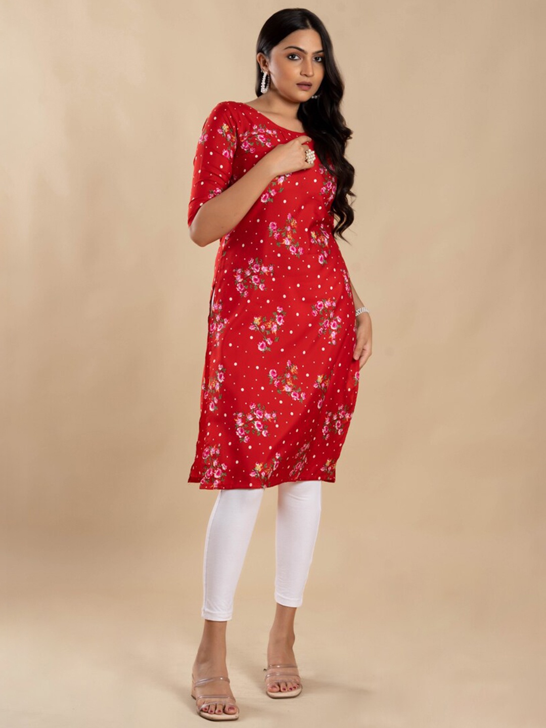 

ASISA Floral Printed Round Neck Straight Kurta, Red