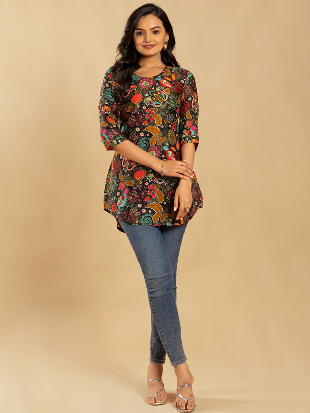 

ASISA Floral Printed A-Line Kurti, Black