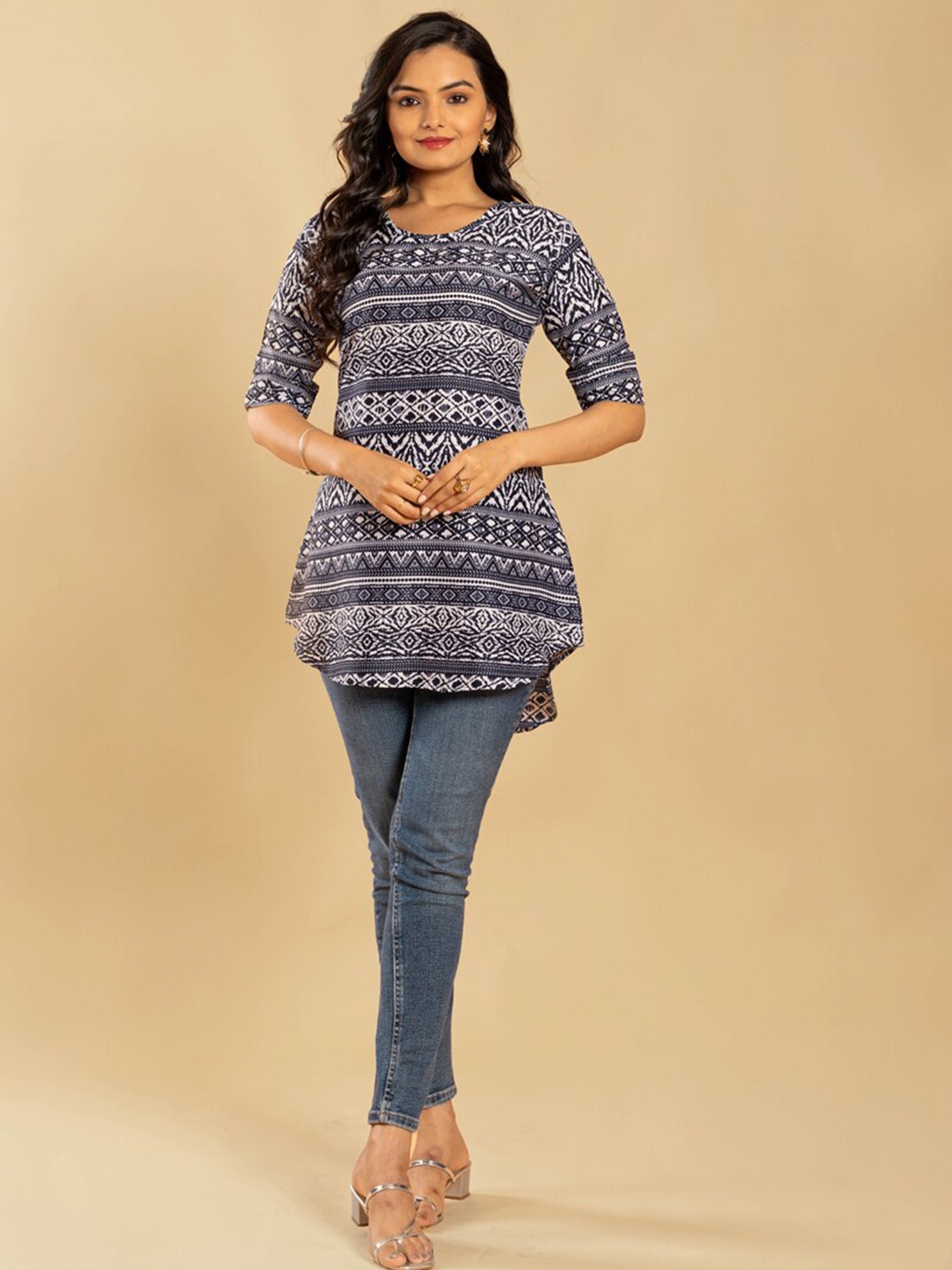 

ASISA Ethnic Motifs Printed A-Line Kurti, Navy blue