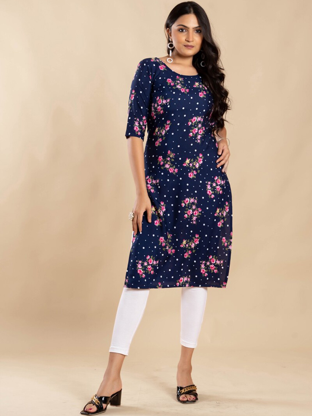 

ASISA Floral Printed Round Neck Straight Kurta, Navy blue