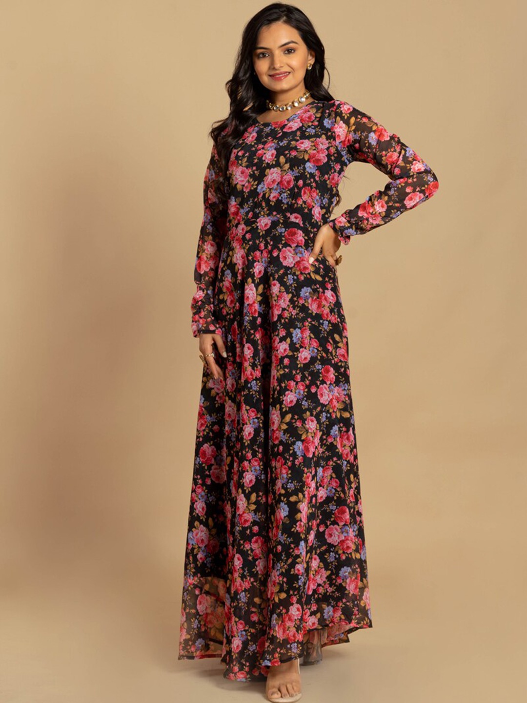 

ASISA Floral Printed Round Neck Long Sleeves Georgette Fit & Flare Maxi Ethnic Dress, Black