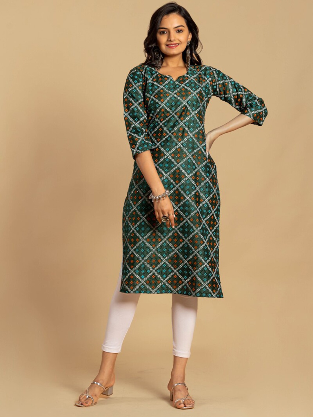 

ASISA Bandhani Printed Round Neck Straight Kurta, Teal