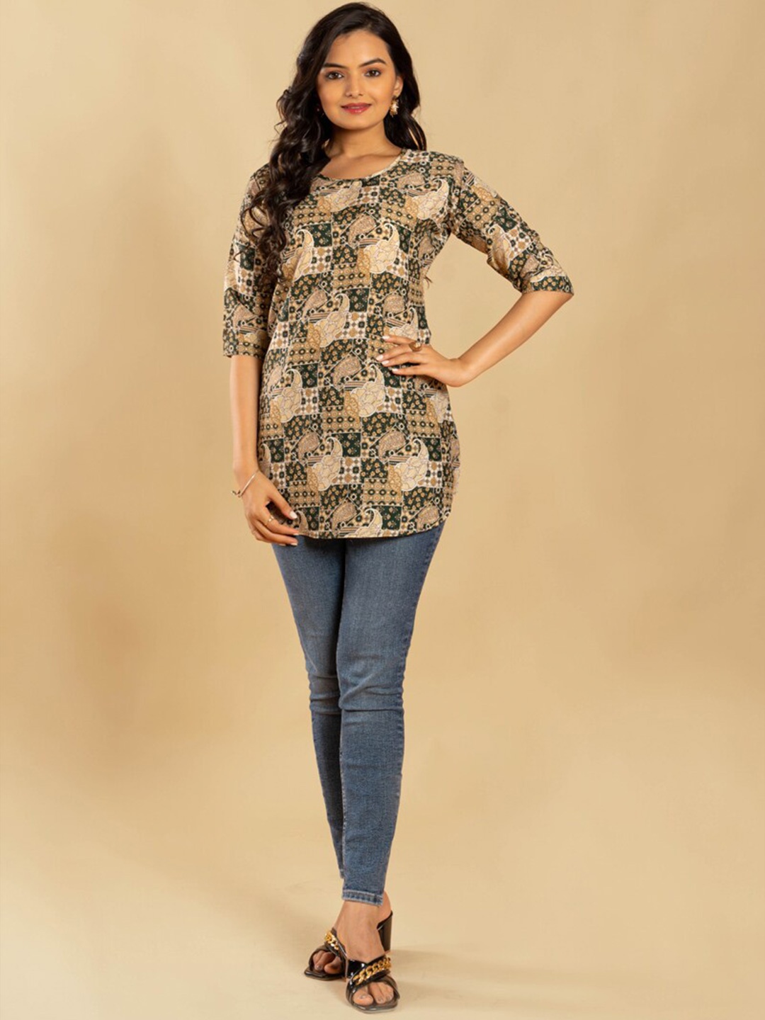 

ASISA Ethnic Motifs Printed A-Line Kurti, Navy blue