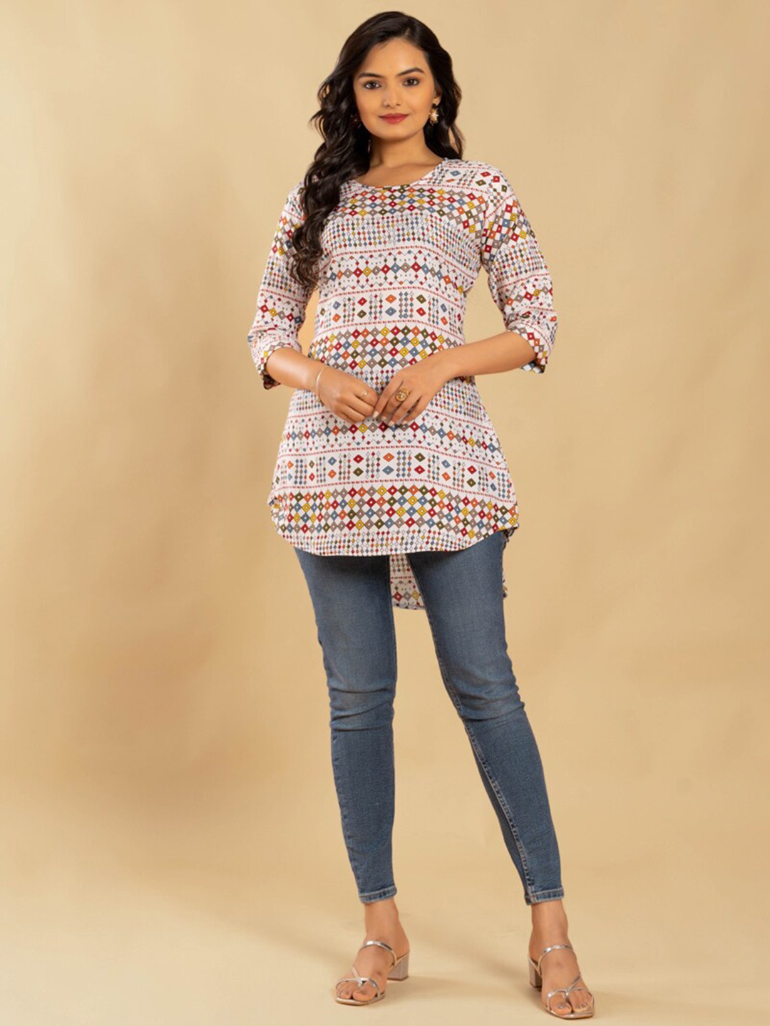 

ASISA Geometric Printed A-Line Kurti, White