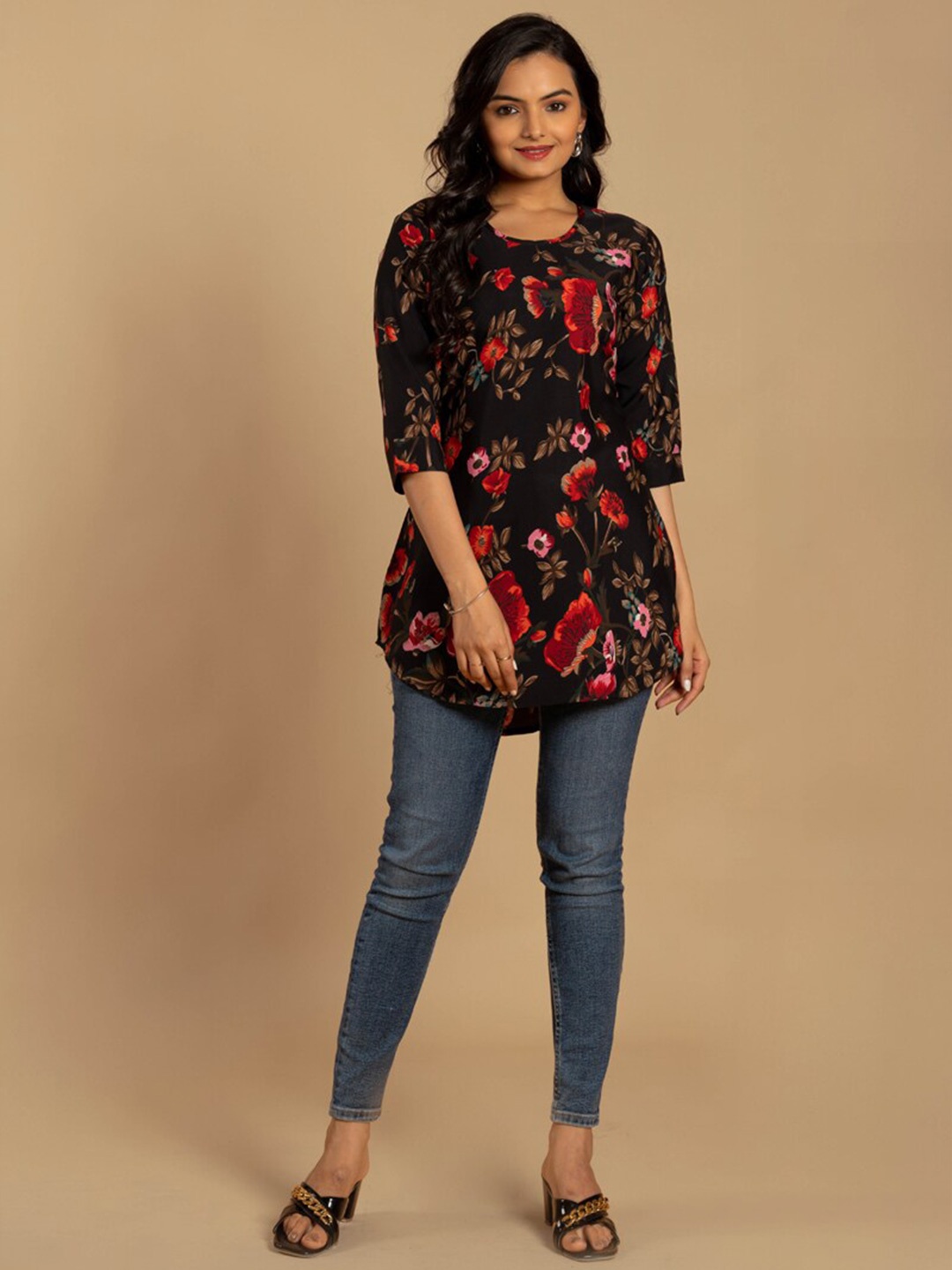 

ASISA Floral Printed A-Line Kurti, Black