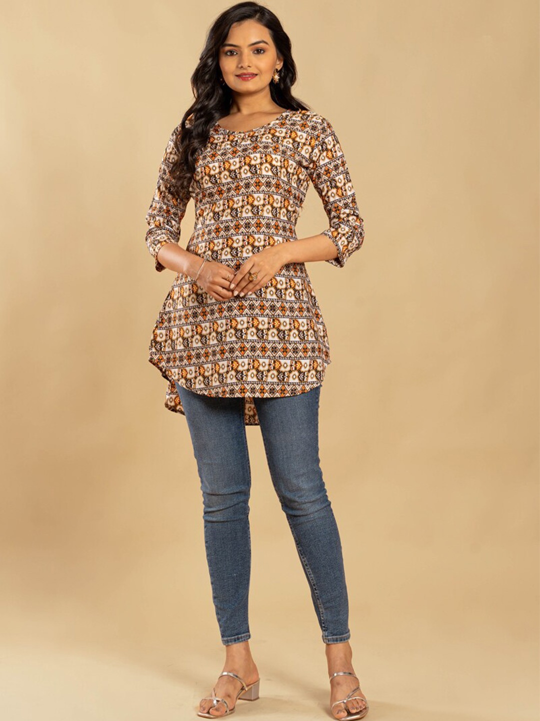 

ASISA Ethnic Motifs Printed A-Line Kurti, Off white