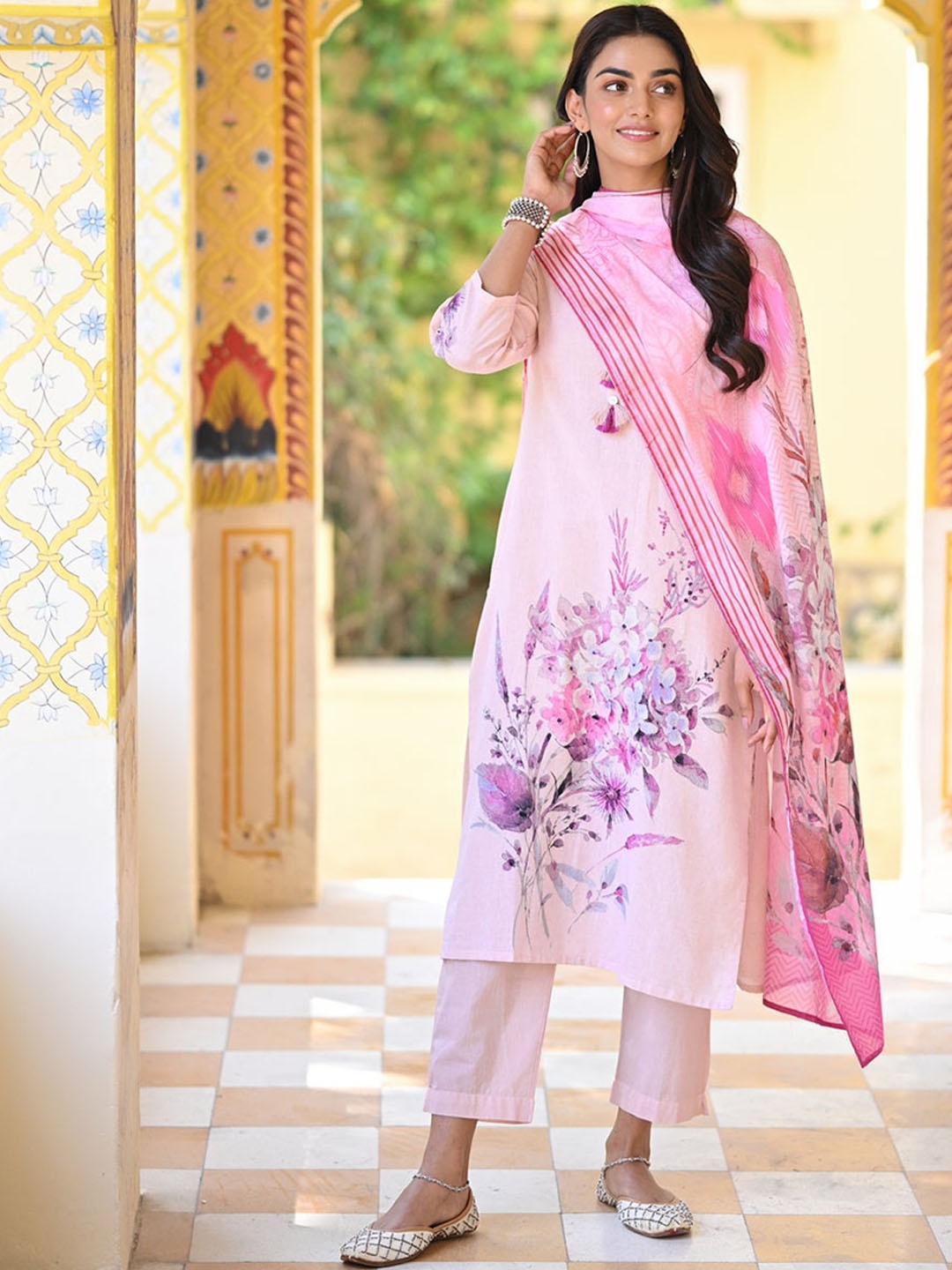 

KALINI Floral Printed Regular Straight Kurta with Trousers & With Dupatta, Pink