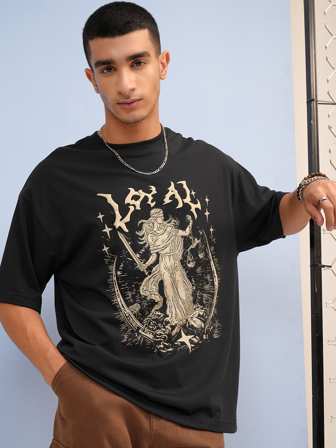HIGHLANDER Typography Puff Printed Round Neck Short Sleeves Cotton Raw Edge T-shirt, Black