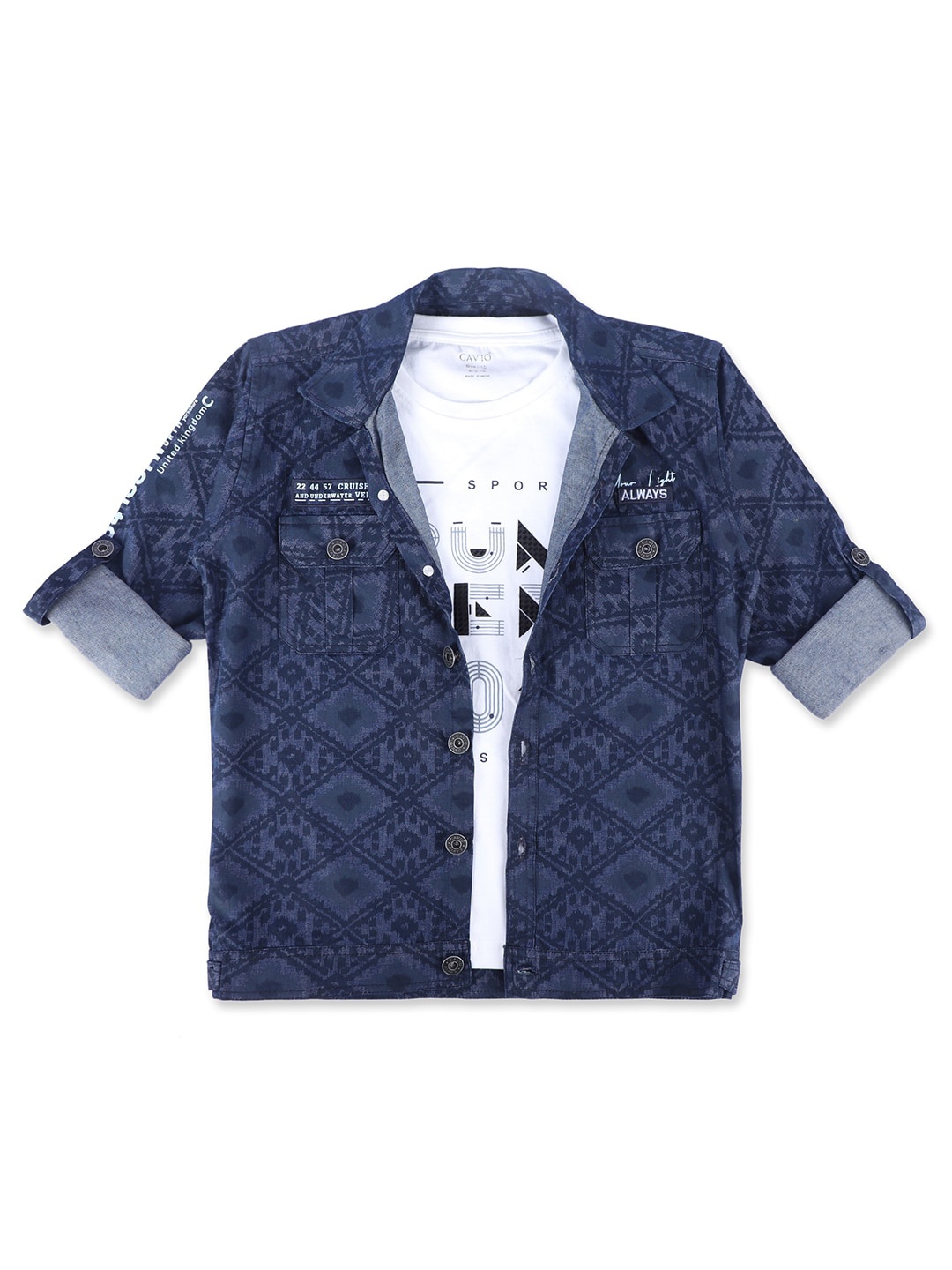 

CAVIO Boys Standard Floral Printed Denim Spread Collar Casual Shirt With Tshirt, Navy blue