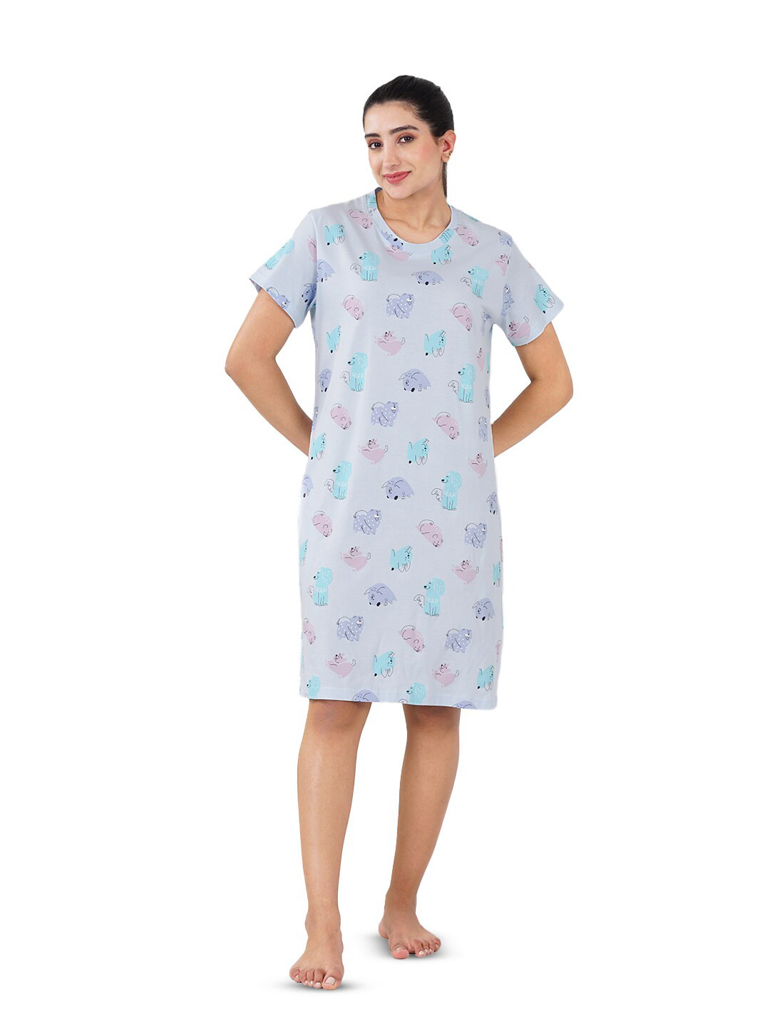 

indian flower Conversational Printed Pure Cotton Nightdress, Blue