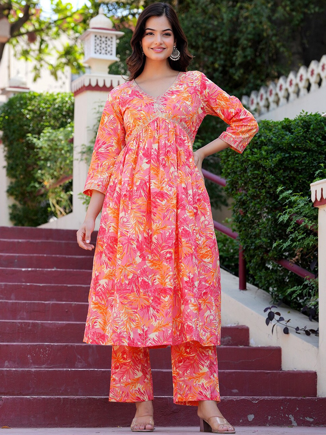

KPF Floral Printed Regular Pure Cotton A Line Kurta With Trousers, Orange