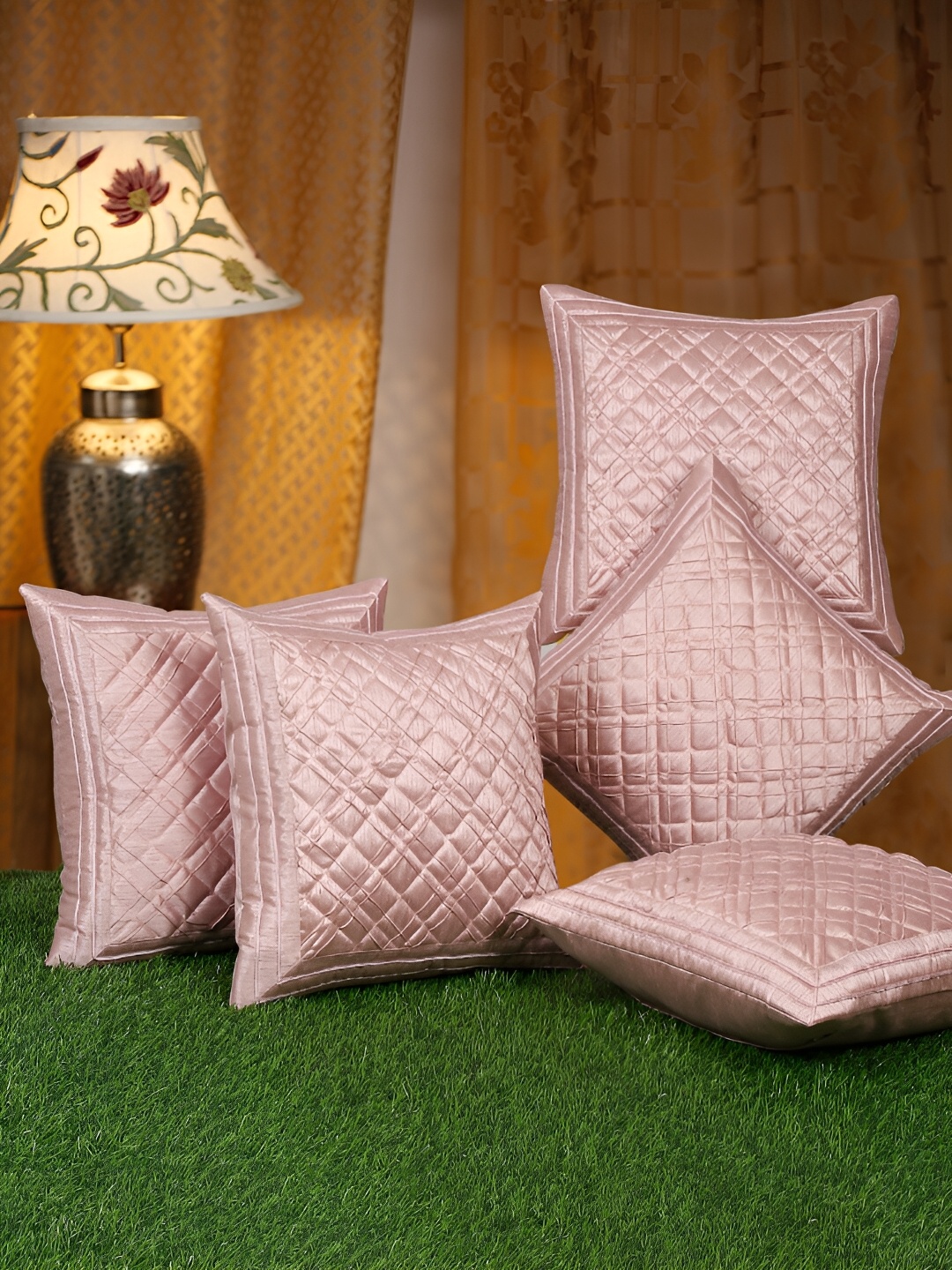 

HOSTA HOMES Peach-Coloured Set of 5 Ethnic Motifs Square Cushion Covers