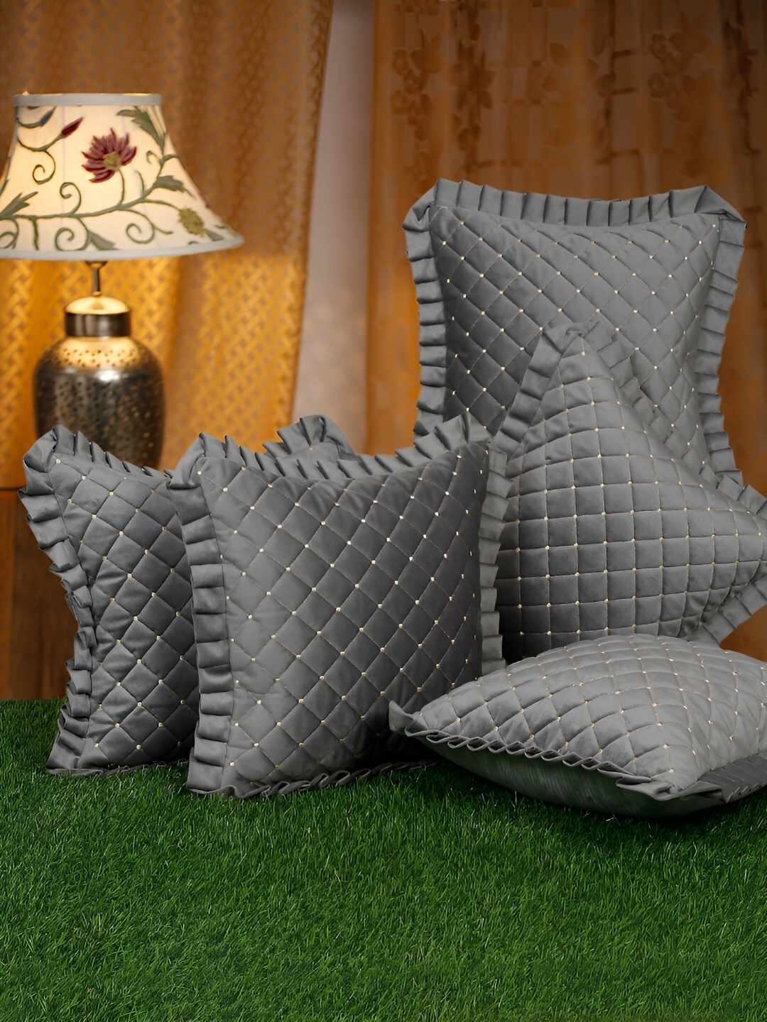 

HOSTA HOMES Grey 5 Pieces Velvet Geometric Square Cushion Covers